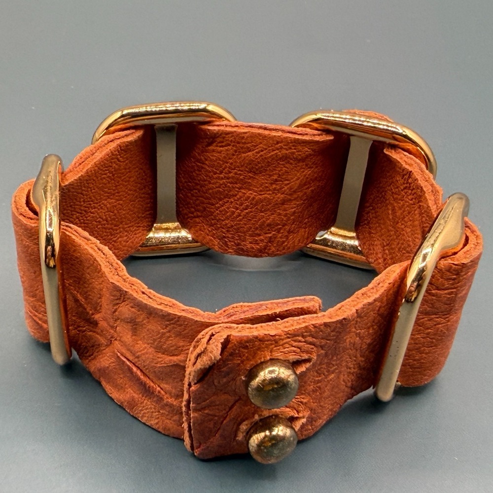Orange Leather Buckle Cuff Bracelet Gold Tone Hardware Boho Statement Vintage